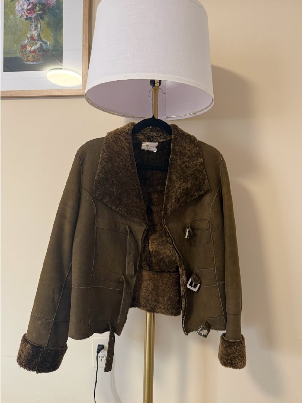Prune Olive Genuine Leather Jacket with Shearling Interior